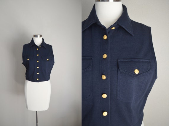 knit navy blue gold button vintage vest - medium … - image 1