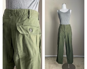 Vintage 1970 Unisex Olive Drab Utility Fatigues Military Trouser | 32x27 OG 107 -31/32 Fatigues