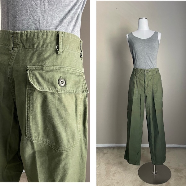 Vintage 1970 Unisex Olive Drab Utility Fatigues Military Trouser | 32x27 OG 107 -31/32 Fatigues