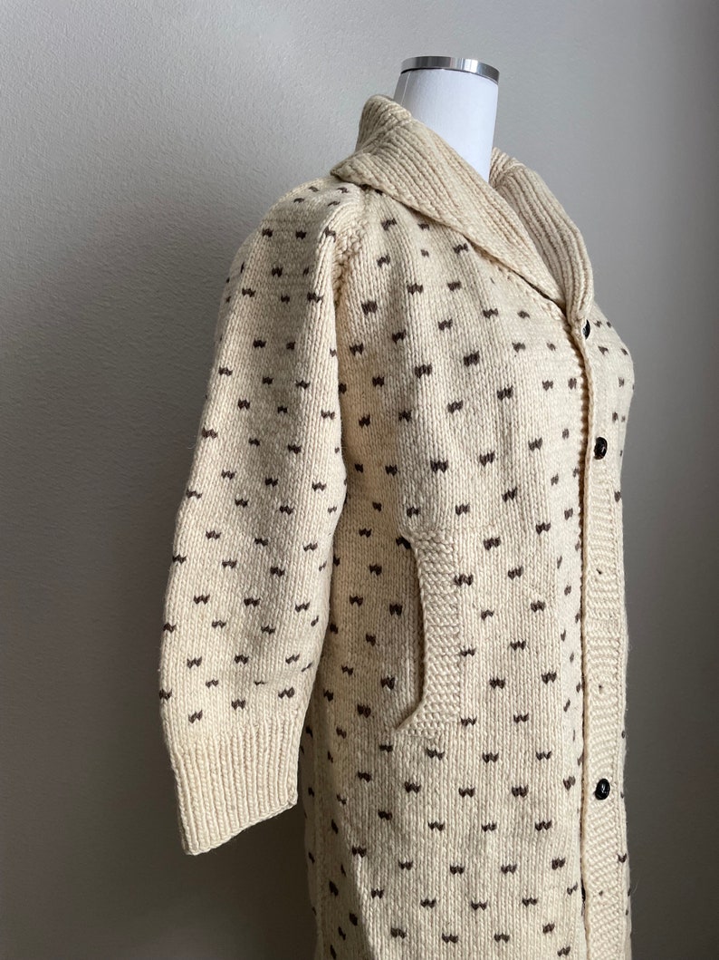 vintage speckled ivory shawl neck wool long sweater cardigan duster jacket women's small petite image 4