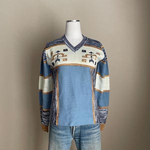 Vintage 70s Space Dye Dye Blue Geometric Aztec Acrylic Novelty Sweater - Small