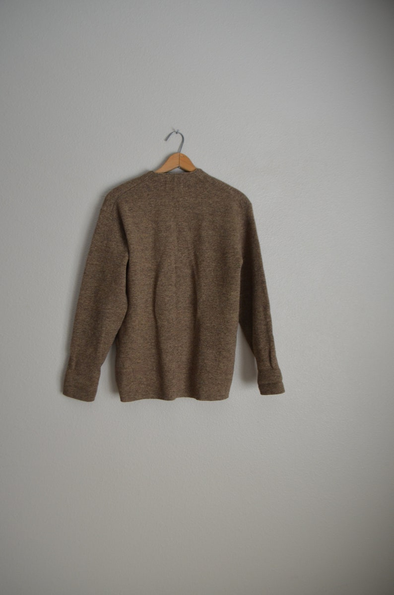 unisex small medium vintage 70s tan wool brown minimal cardigan sweater boyfriend cardigan two pockets grandpa