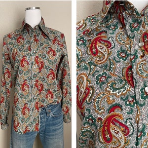 vintage 70s Lee Paisley Western Style Peal Snap Polyester button Down Blouse women's small image 1