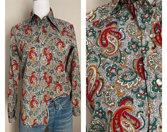 vintage 70s Lee Paisley Western Style Peal Snap Polyester button Down Blouse- women's small