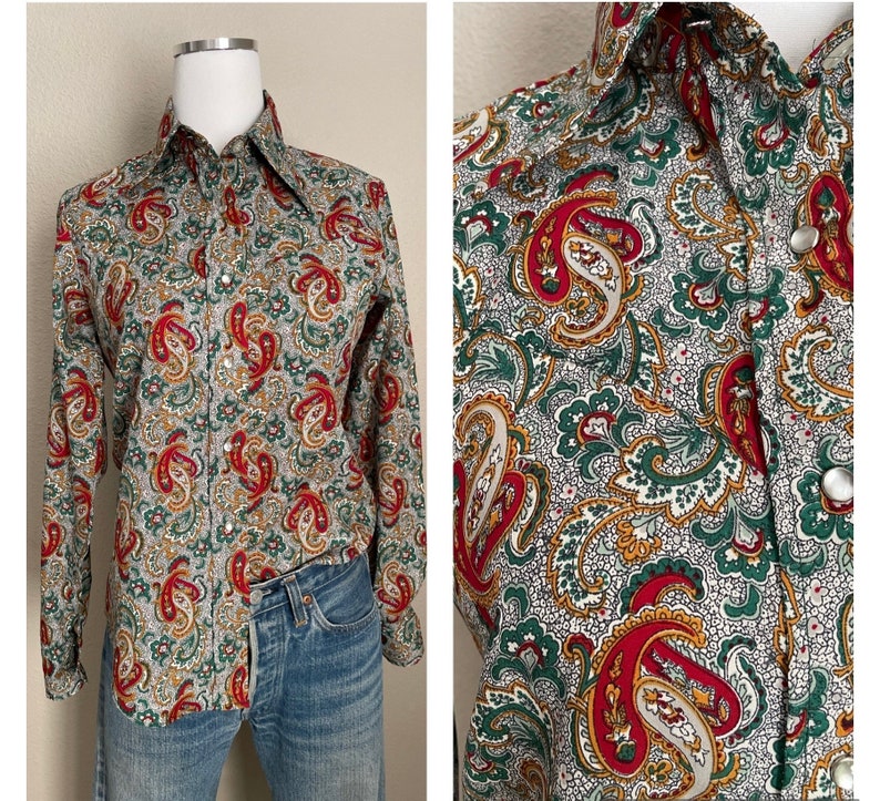 vintage 70s Lee Paisley Western Style Peal Snap Polyester button Down Blouse women's small image 1