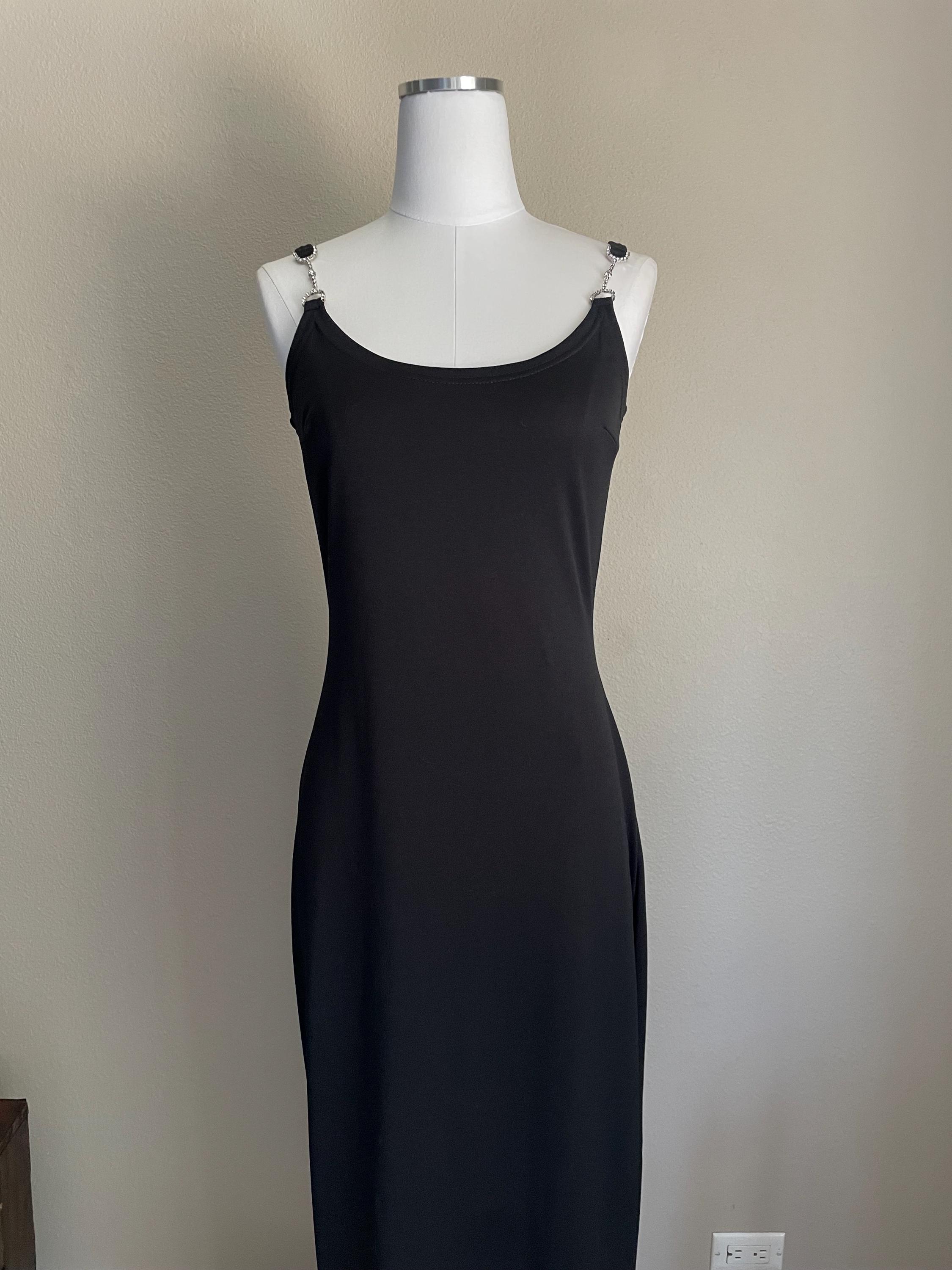 Vintage 90s Sleeveless Black Cocktail Evening Jessica Mcclintock Rhinestone  Strap Slinky Black Dress- Small