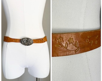 Vintage 80s Stamped Tooled Floral Western Bohemian Belt - 27-31