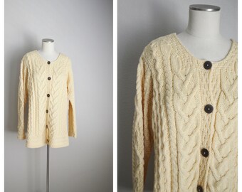 vintage 80s long ivory aran wool cardigan slouchy oversized wool ivory irish fisherman Kilronan button down cardigan / women's large