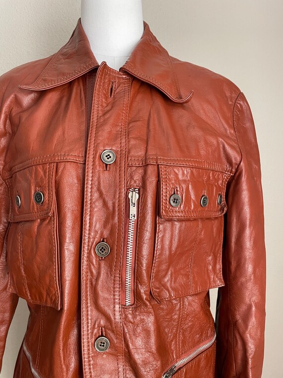 Vintage 70s Burnt Orange Brown Leather jacket -me… - image 5