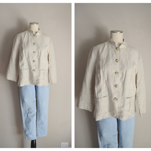 vintage tan linen boxy button up blouse - women's large