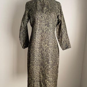Vintage 60s Long Sleeve Abstract Pattern Olive Brown Cheongsam Dress - small