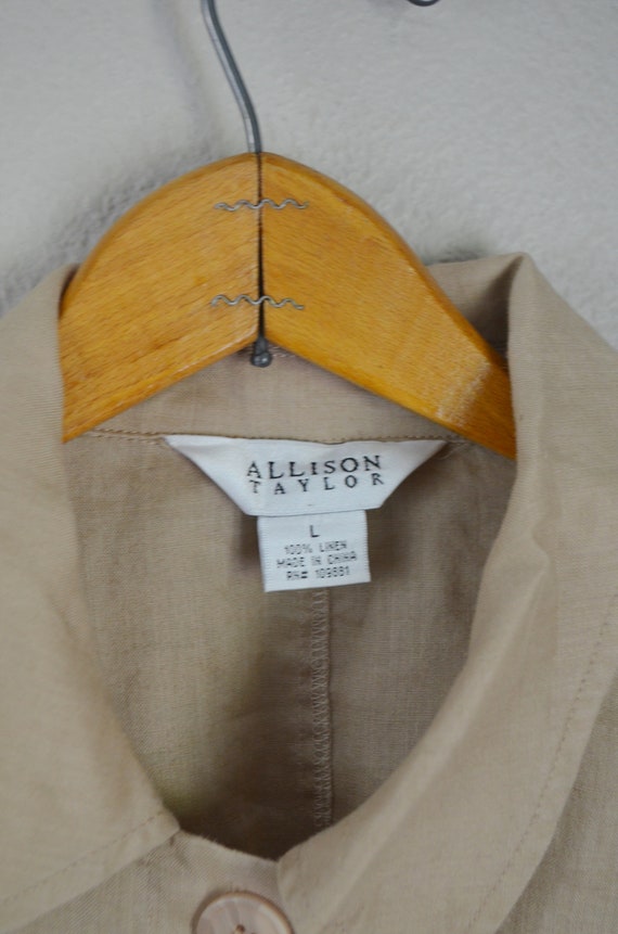 vintage 80s tan linen short sleeve safari  blouse… - image 9