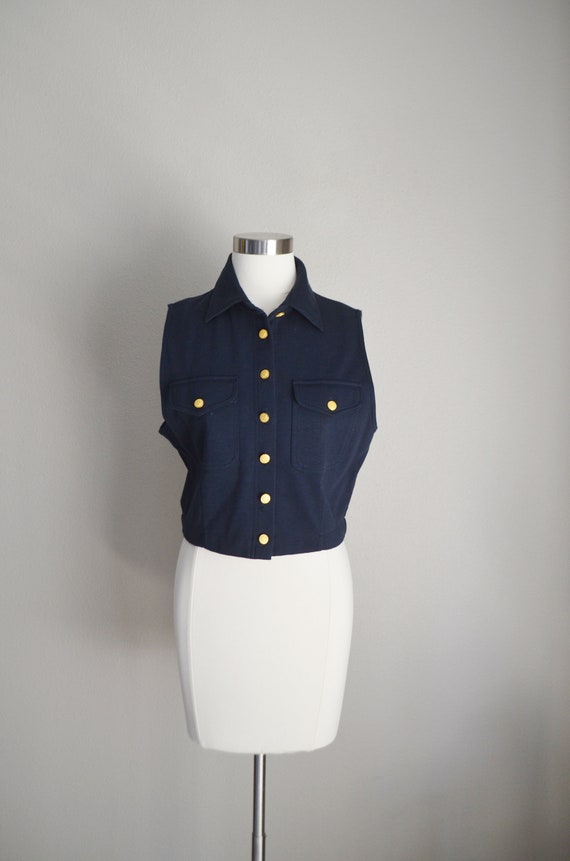 knit navy blue gold button vintage vest - medium … - image 2