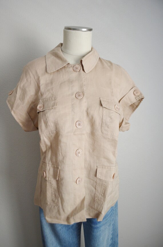 vintage 80s tan linen short sleeve safari  blouse… - image 4