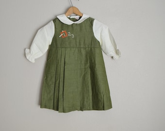 vintage 70s green white frock peasant school girl little girls dress -- size 4/5/6