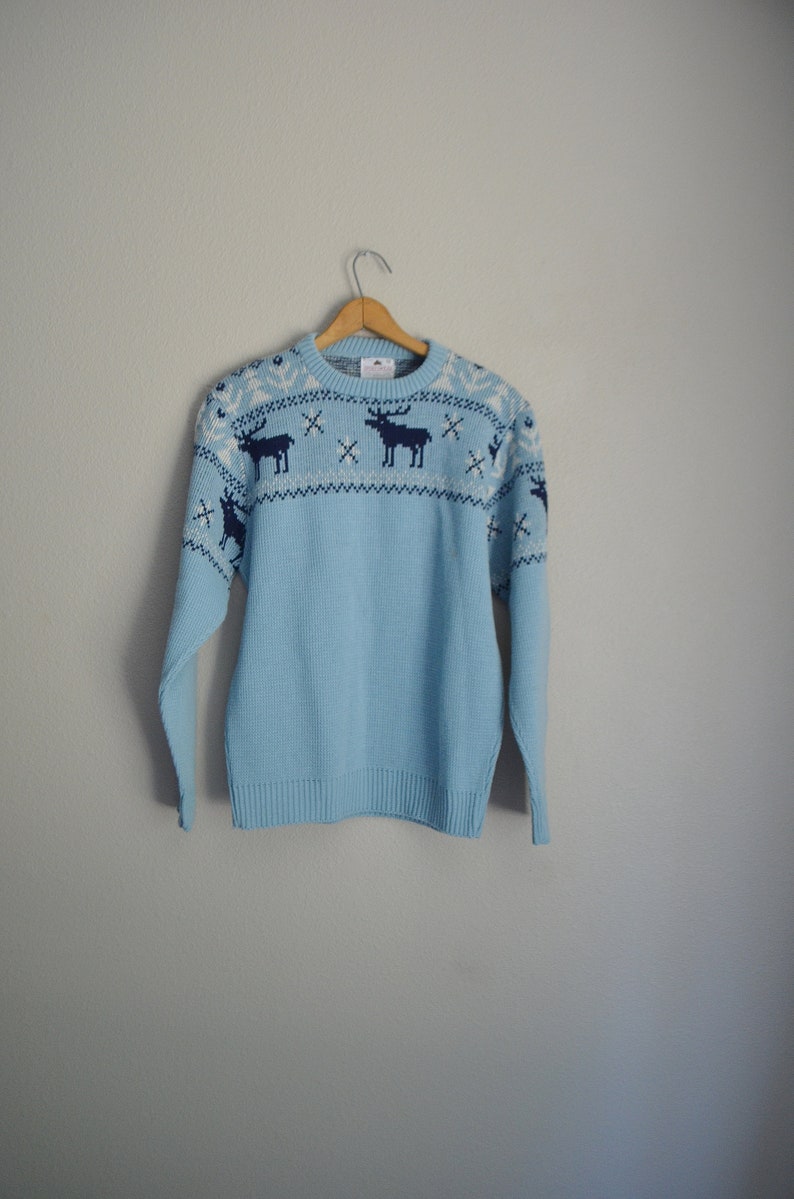 vintage 60s acrílico azul blanco justo esquí nieve isla suéter mediano para hombres / grande para mujeres imagen 2