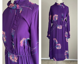 vintage 70s 80s purple patterned semi-sheer dress- small/med