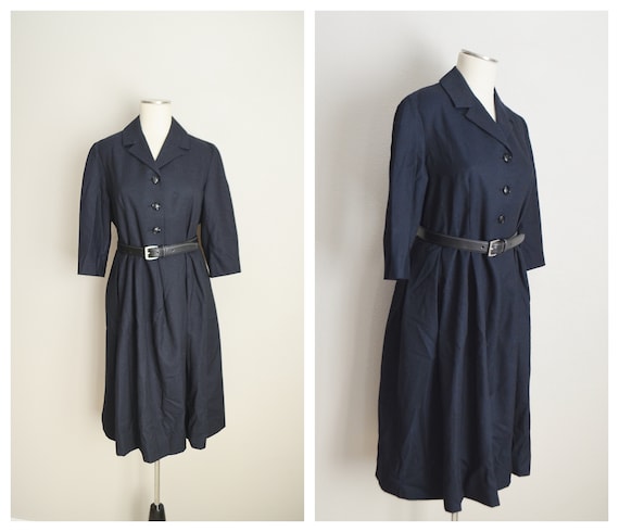40s black wool dress - large