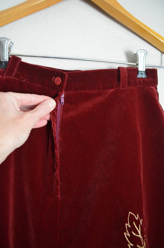 vintage 80s burgundy red velvet a-line midi skirt… - image 10