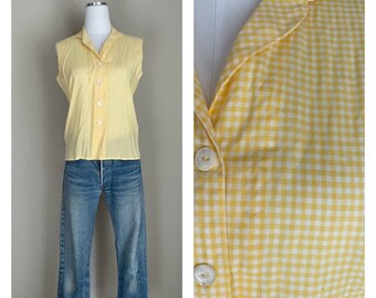 vintage 60s yellow white gingham sleeveless blouse- xsmall / small