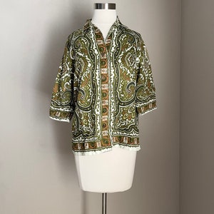 mod mod blouse / vintage paisley olive green 60s mid century modern geometric atomic blouse women's medium image 6