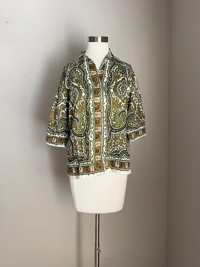 mod mod blouse / vintage paisley olive green 60s mid century modern geometric atomic blouse women's medium image 6