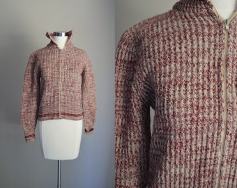 vintage 70s burgundy cropped acrylic heavy duty blend zip cardigan / shawl neck heather burgundy cardi - xsmall - xs