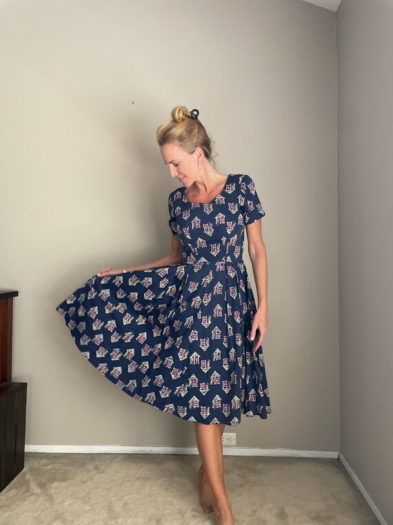 Vintage 40s Navy Blue Novelty Print Dress -- small - image 6