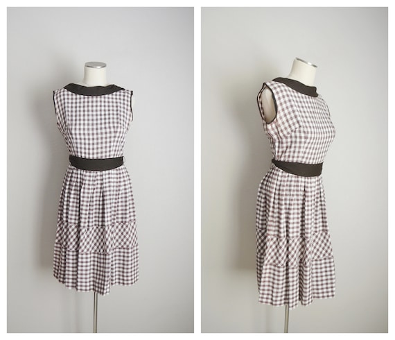 gingham summer dress / vintage 1950s brown gingha… - image 1