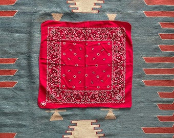 vintage 80s red all cotton bandana -red paisley handkerchief square western bandana - RN 13962