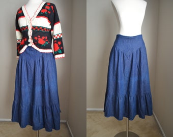 70s gunne sax denim prairie skirt -- yoked jean skirt -x-small - flawed / 24 - gunne skirt