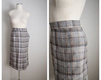 vintage 70s 80s  brown tan wool plaid skirt - xsmall - 23/24