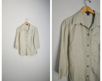 tan linen blouse / vintage 90s light tan linen blouse - small