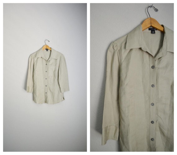 tan linen blouse / vintage 90s light tan linen bl… - image 1