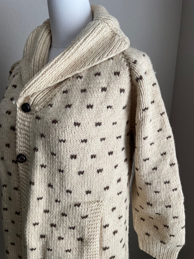 vintage speckled ivory shawl neck wool long sweater cardigan duster jacket women's small petite image 3