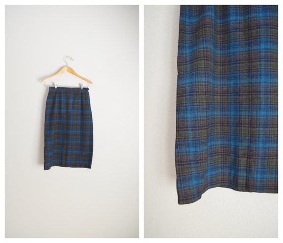 vintage 80s blue green plaid pencil high waisted … - image 3