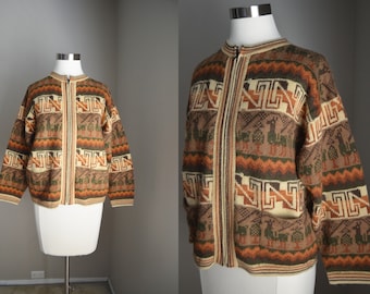 vintage 70s 80s brown alpaca peruvian zip cardigan - medium/large