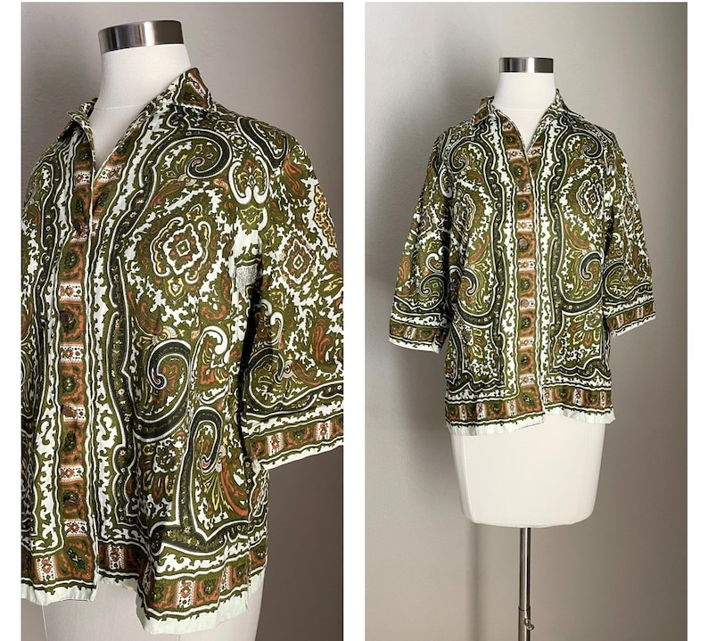 mod mod blouse / vintage paisley olive green 60s mid century modern geometric atomic blouse women's medium image 1