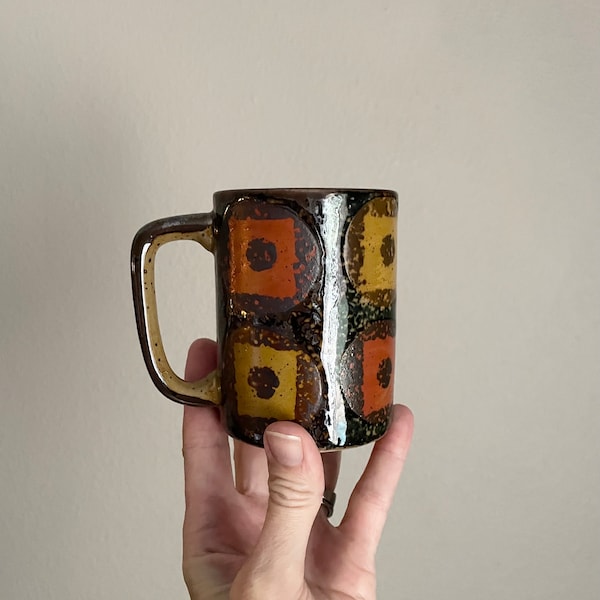 Vintage 70s Geometric orange yellow brown Etched Pottery Mug Cup