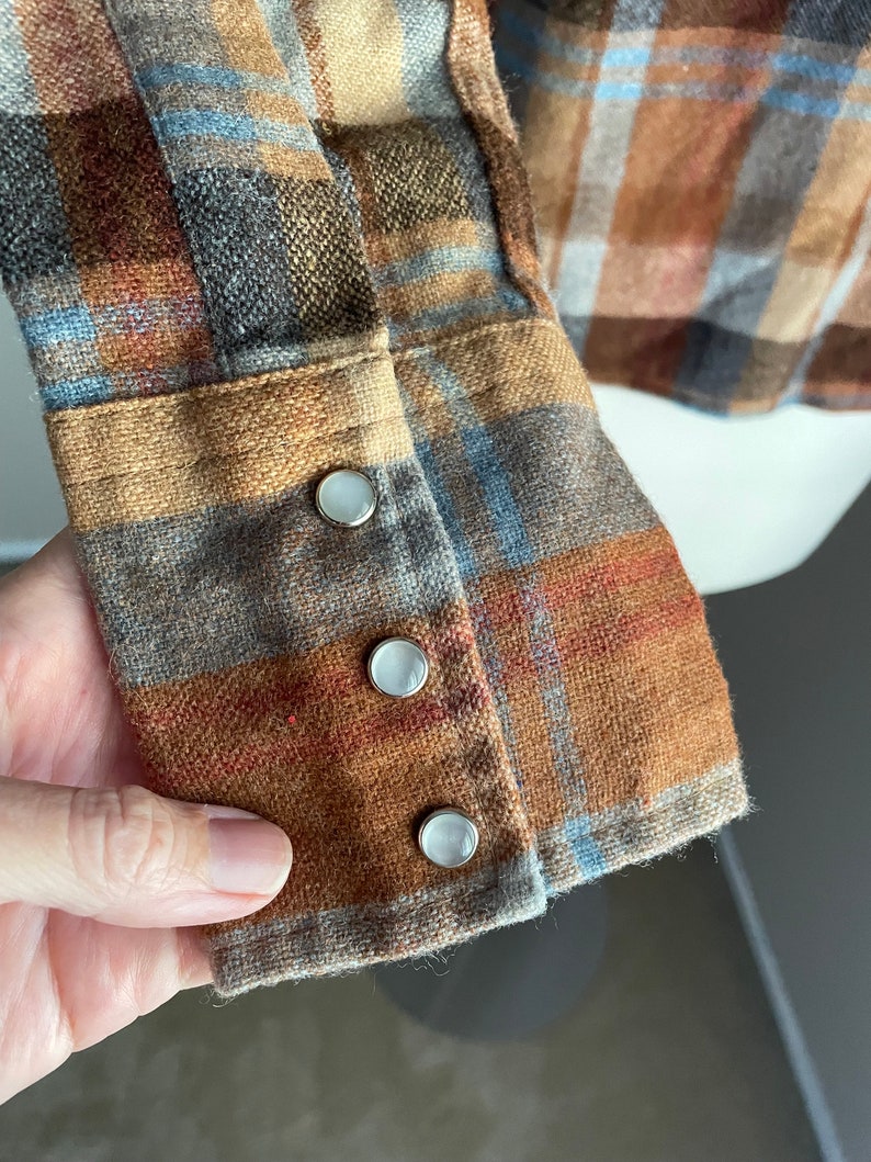 vintage 80s burnt orange brown blue wool plaid pearl snap button down blouse women's medium image 3