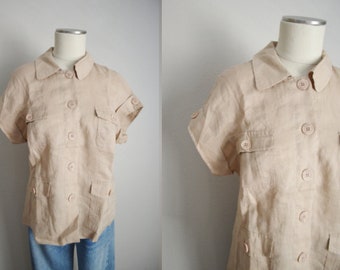 vintage 80s tan linen short sleeve safari  blouse - medium