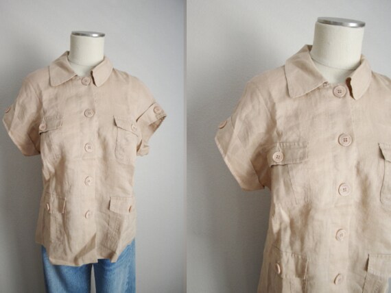 vintage 80s tan linen short sleeve safari  blouse… - image 1