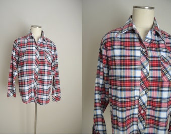 vintage 70s red flannel blouse / vintage womens plaid flannel blouse - women's medium large flannel