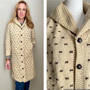 vintage speckled ivory shawl neck wool long sweater cardigan duster jacket women's small petite image 1