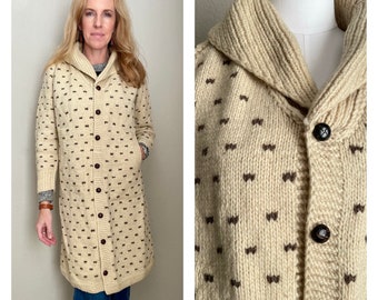 vintage speckled ivory shawl neck wool long sweater cardigan duster jacket -- women's small petite