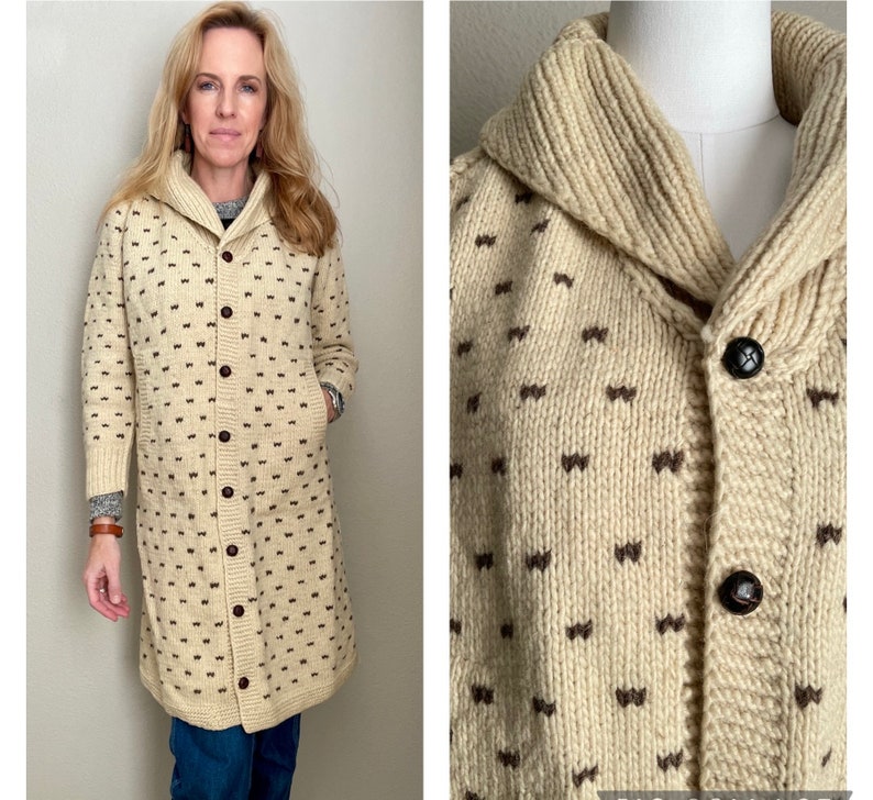 vintage speckled ivory shawl neck wool long sweater cardigan duster jacket women's small petite image 1