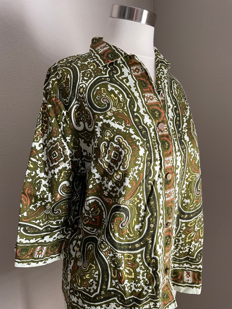 mod mod blouse / vintage paisley olive green 60s mid century modern geometric atomic blouse women's medium image 4