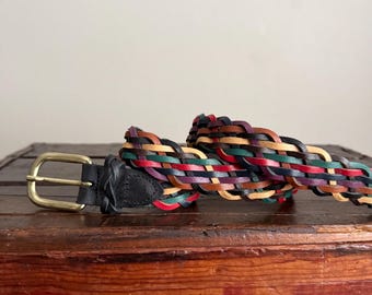 Vintage Rainbow Woven Braid Belt: Brown Leather Ends, Silver  display picture 2
