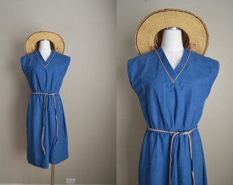 vintage 70s 80s blue soft faux suede belted dress- medium