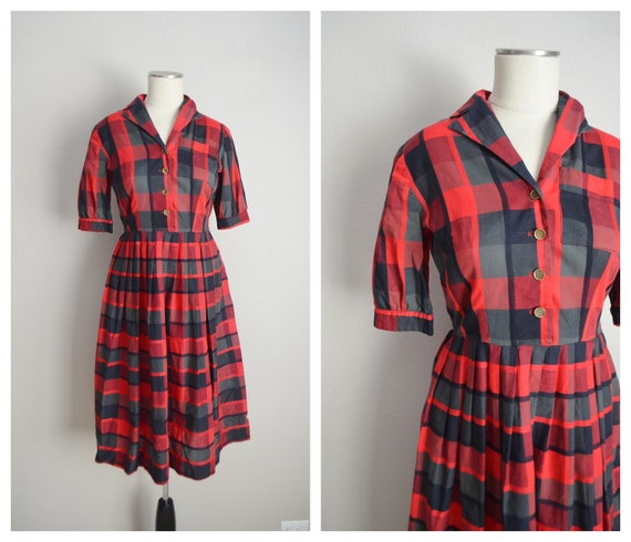 40s plaid cotton day dress - small